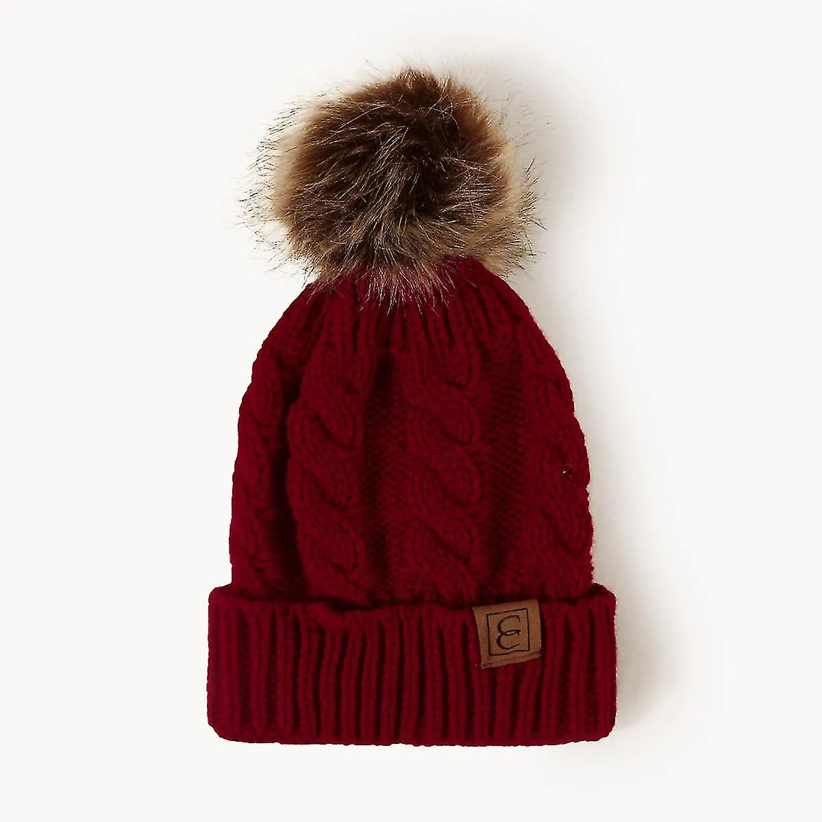 Cable grueso tejido falso pelusa Pom vellón forrado gorra de calavera Gorro Gorro