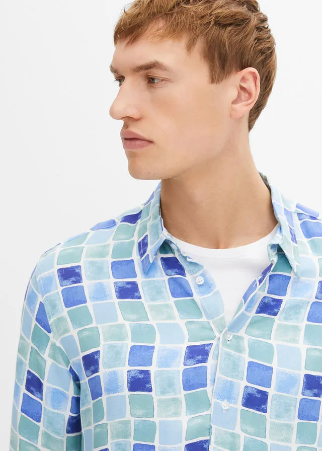 Camisa de manga larga Blanco-azul de cuadros