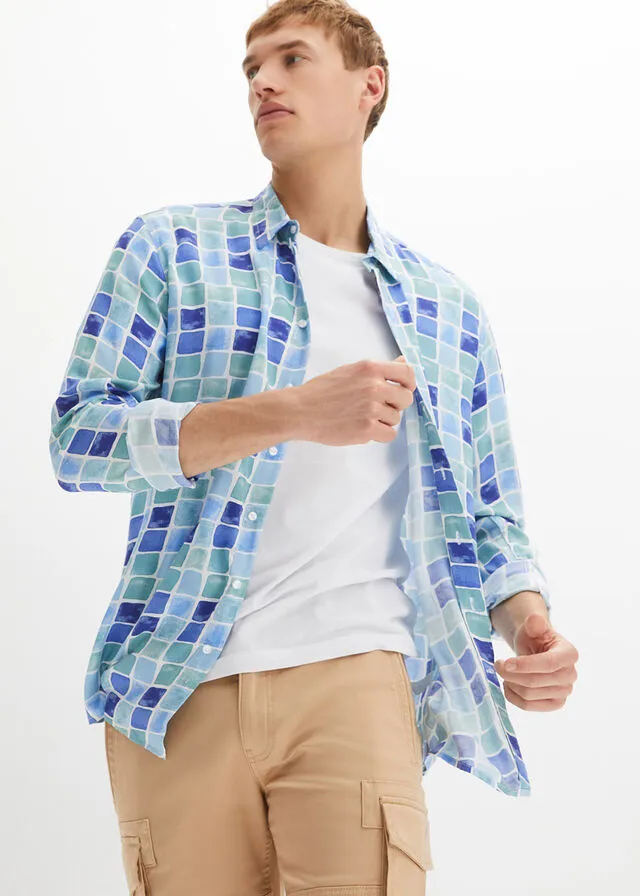Camisa de manga larga Blanco-azul de cuadros
