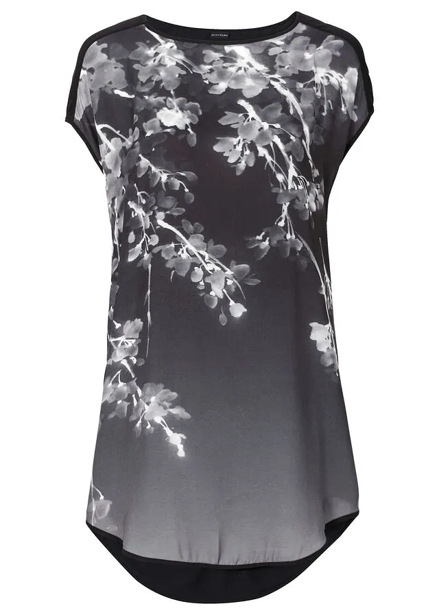 Camiseta larga Negro de flores